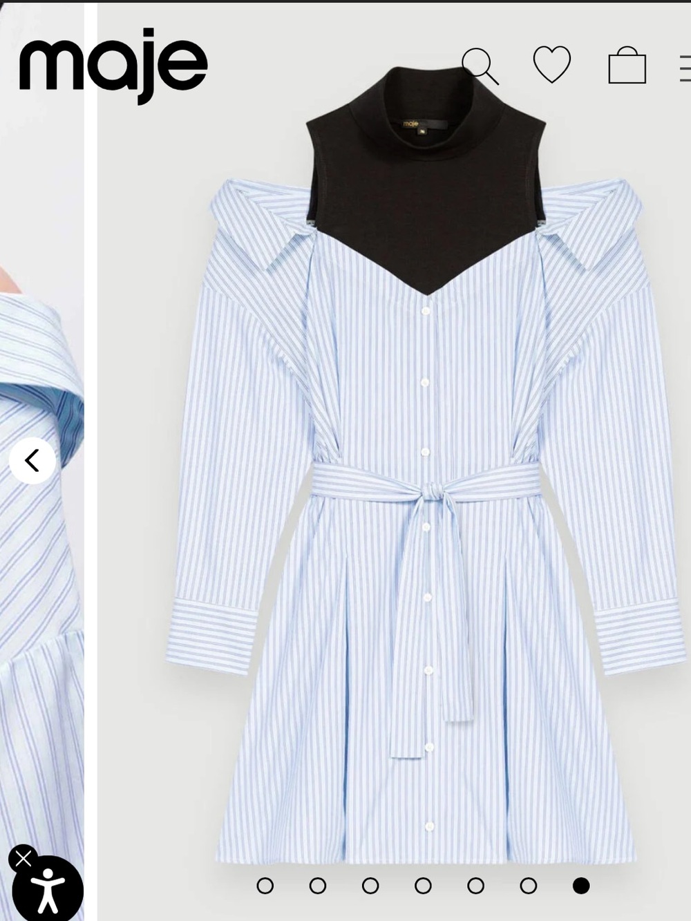 Maje Blue and White Striped Off-Shoulder Shirt Dress with Black Mock Neck